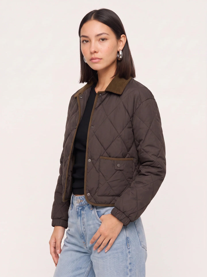 Quiltrend Diamond Quilted Cropped Puffer Jacket – Women Corduroy Collar Winter Outerwear Casual Streetwear Coat