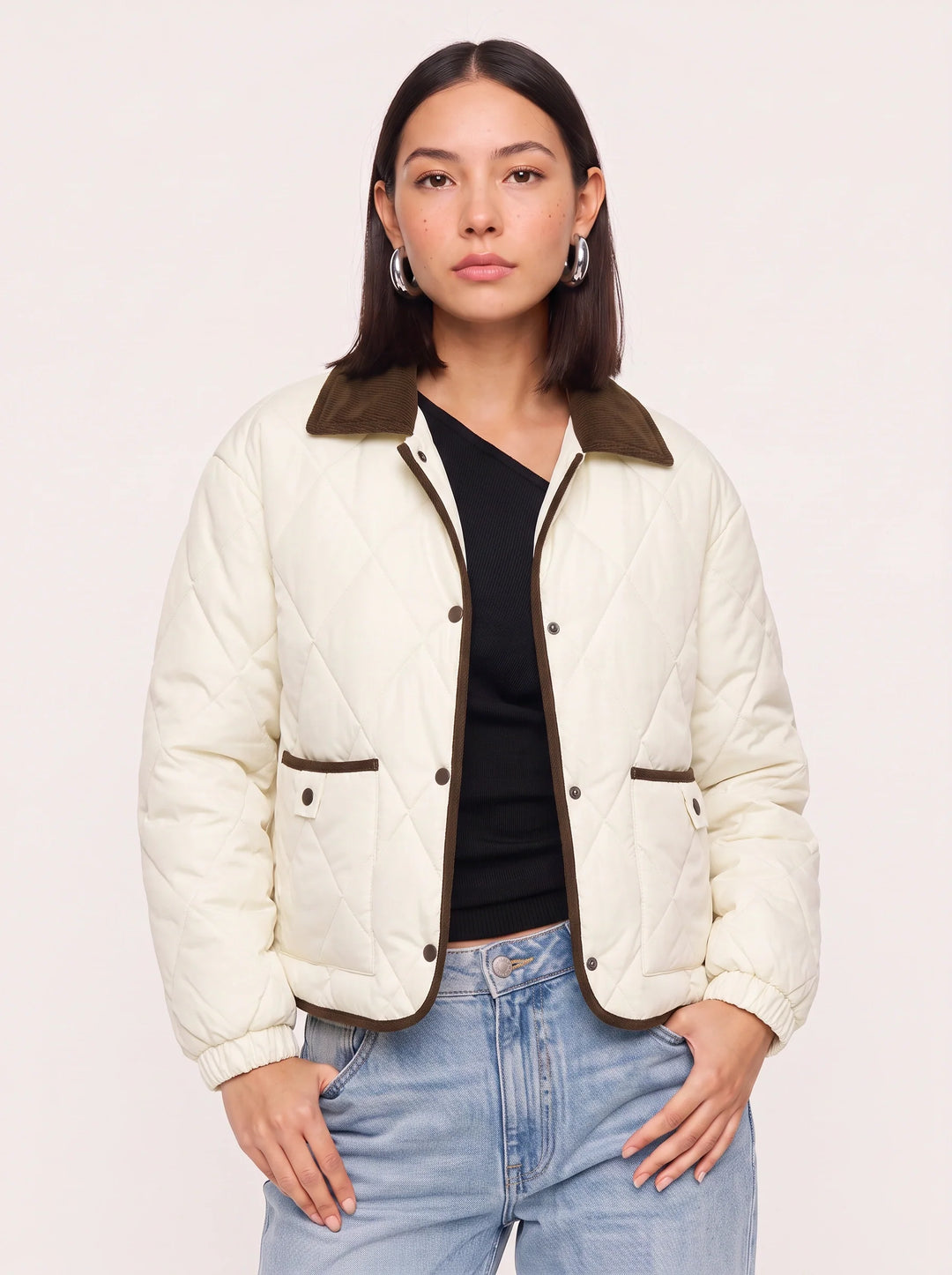 Quiltrend Diamond Quilted Cropped Puffer Jacket – Women Corduroy Collar Winter Outerwear Casual Streetwear Coat