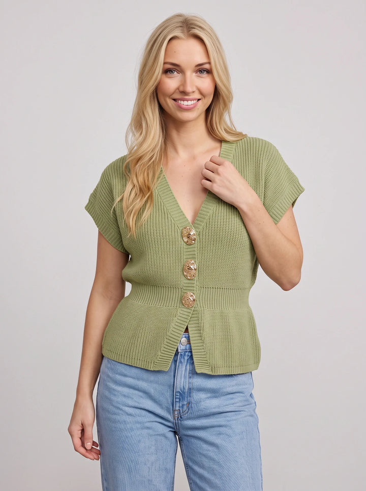 Ridgora Ribbed Knit Button Cardigan – Short Sleeve V-Neck Women Casual Lightweight Sweater Top
