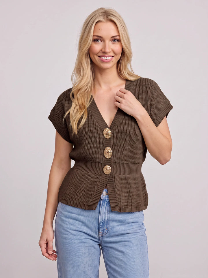 Ridgora Ribbed Knit Button Cardigan – Short Sleeve V-Neck Women Casual Lightweight Sweater Top