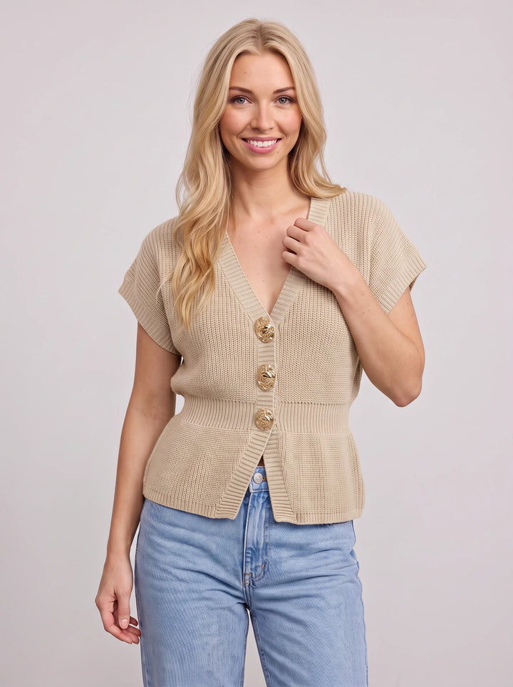 Ridgora Ribbed Knit Button Cardigan – Short Sleeve V-Neck Women Casual Lightweight Sweater Top