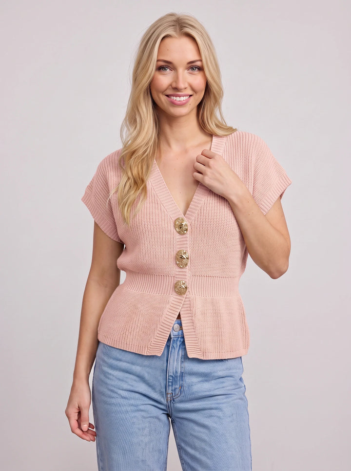 Ridgora Ribbed Knit Button Cardigan – Short Sleeve V-Neck Women Casual Lightweight Sweater Top