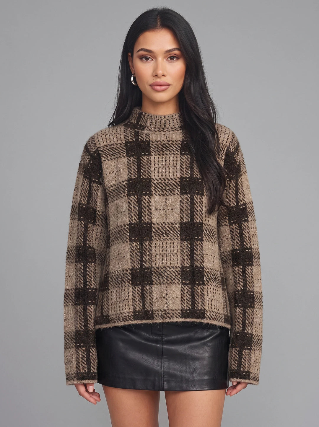 Quadrax Plaid Mock Neck Sweater – Checked Knit Pullover Women Winter Turtleneck Oversized Long Sleeve Top