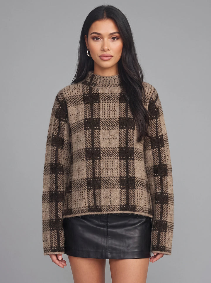 Quadrax Plaid Mock Neck Sweater – Checked Knit Pullover Women Winter Turtleneck Oversized Long Sleeve Top