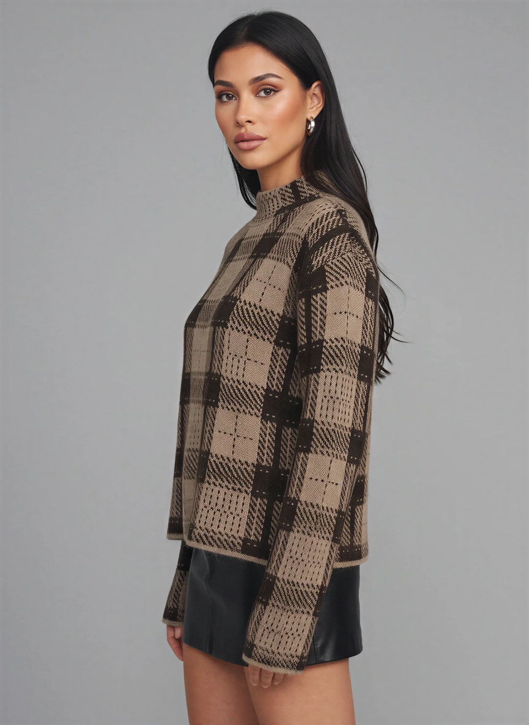Quadrax Plaid Mock Neck Sweater – Checked Knit Pullover Women Winter Turtleneck Oversized Long Sleeve Top