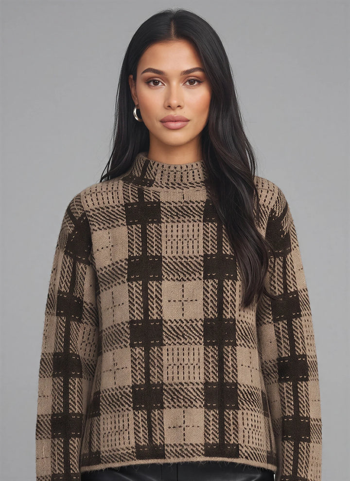 Quadrax Plaid Mock Neck Sweater – Checked Knit Pullover Women Winter Turtleneck Oversized Long Sleeve Top