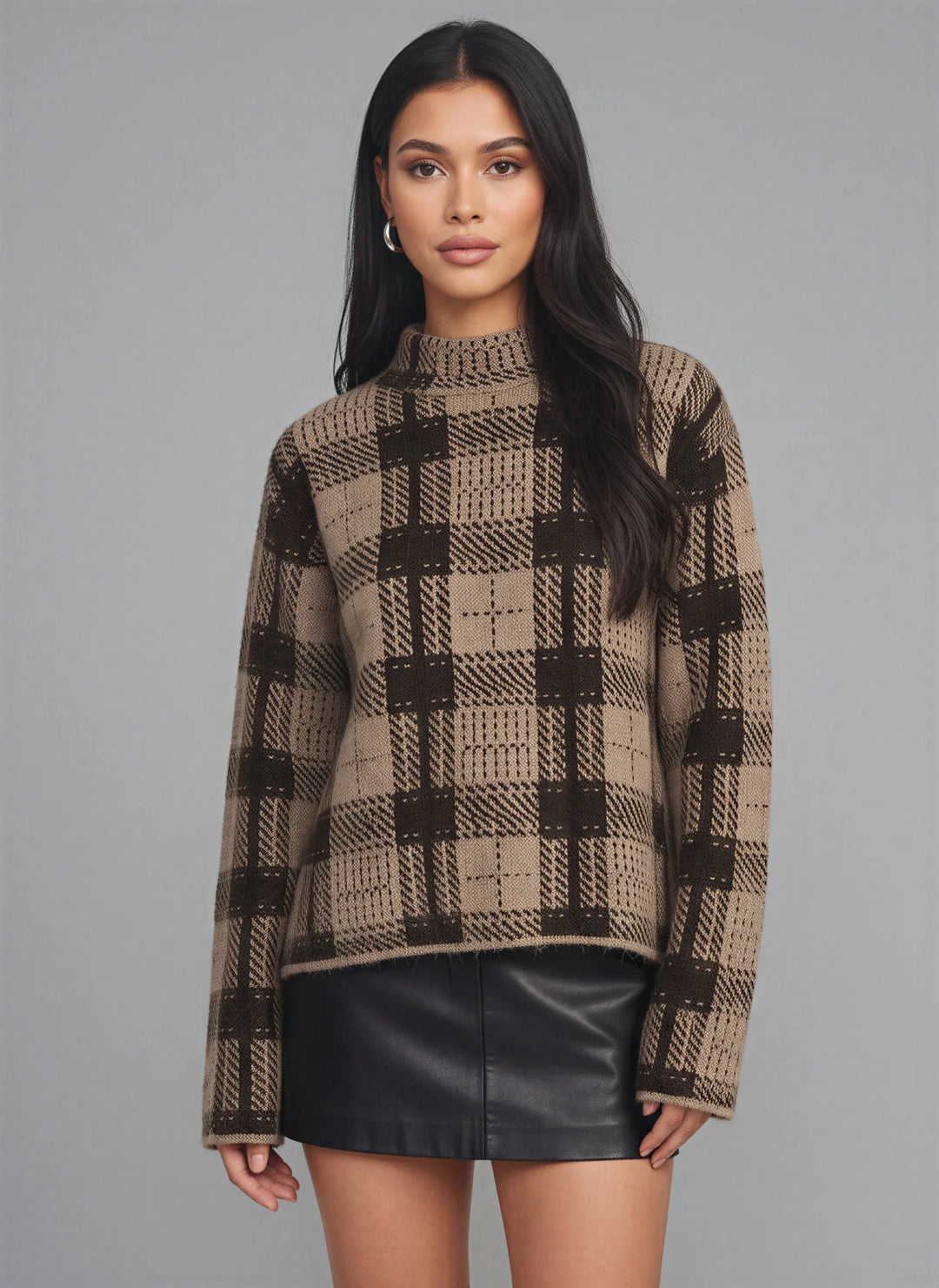 Quadrax Plaid Mock Neck Sweater – Checked Knit Pullover Women Winter Turtleneck Oversized Long Sleeve Top