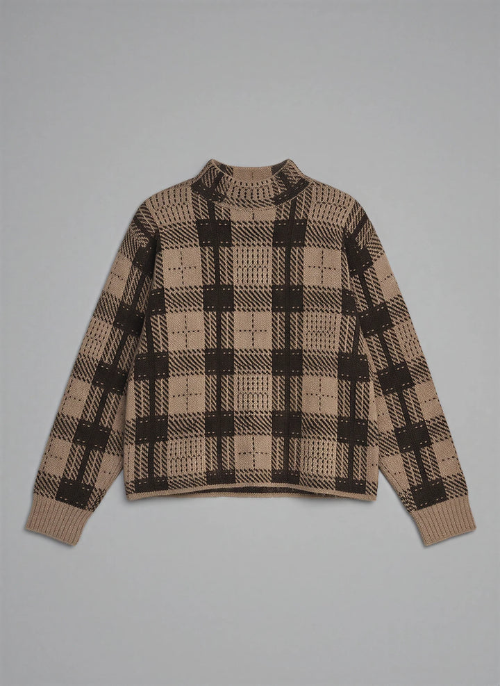 Quadrax Plaid Mock Neck Sweater – Checked Knit Pullover Women Winter Turtleneck Oversized Long Sleeve Top