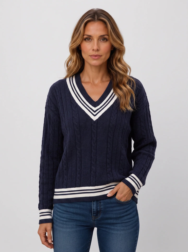 Varsette Cable Knit V-Neck Sweater – Women Preppy Striped Trim Pullover Knit Sweater