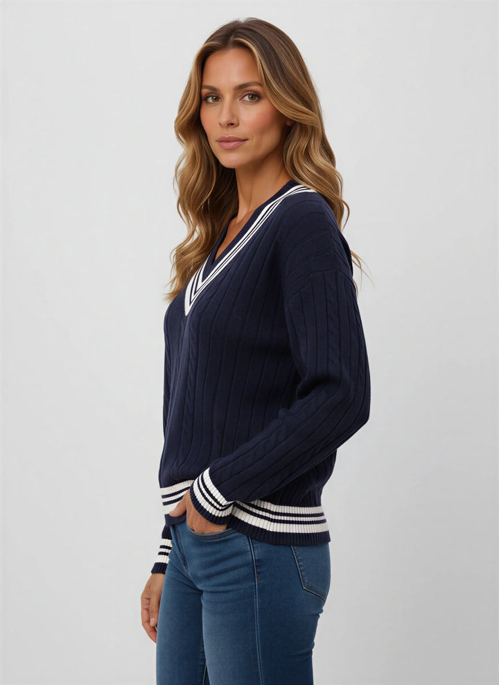Varsette Cable Knit V-Neck Sweater – Women Preppy Striped Trim Pullover Knit Sweater