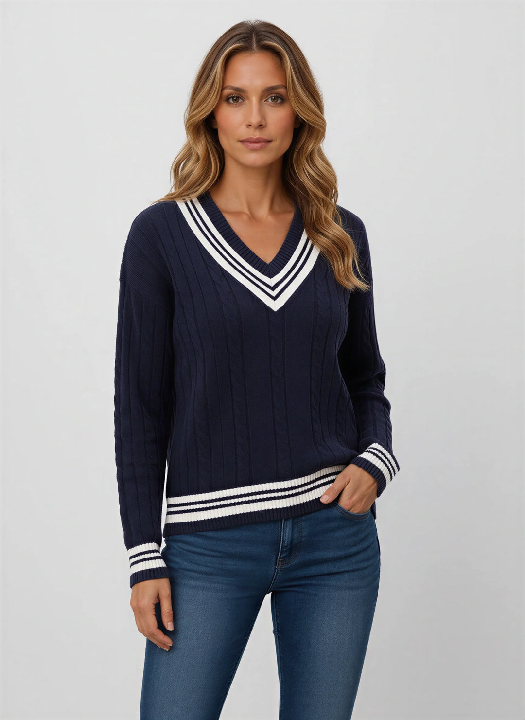 Varsette Cable Knit V-Neck Sweater – Women Preppy Striped Trim Pullover Knit Sweater