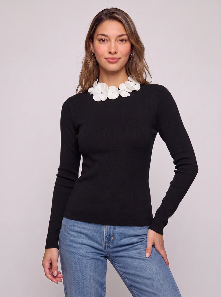 Petala Floral Collar Knit Top – Long Sleeve Ribbed Sweater Women Winter Smart Casual Fitted Top