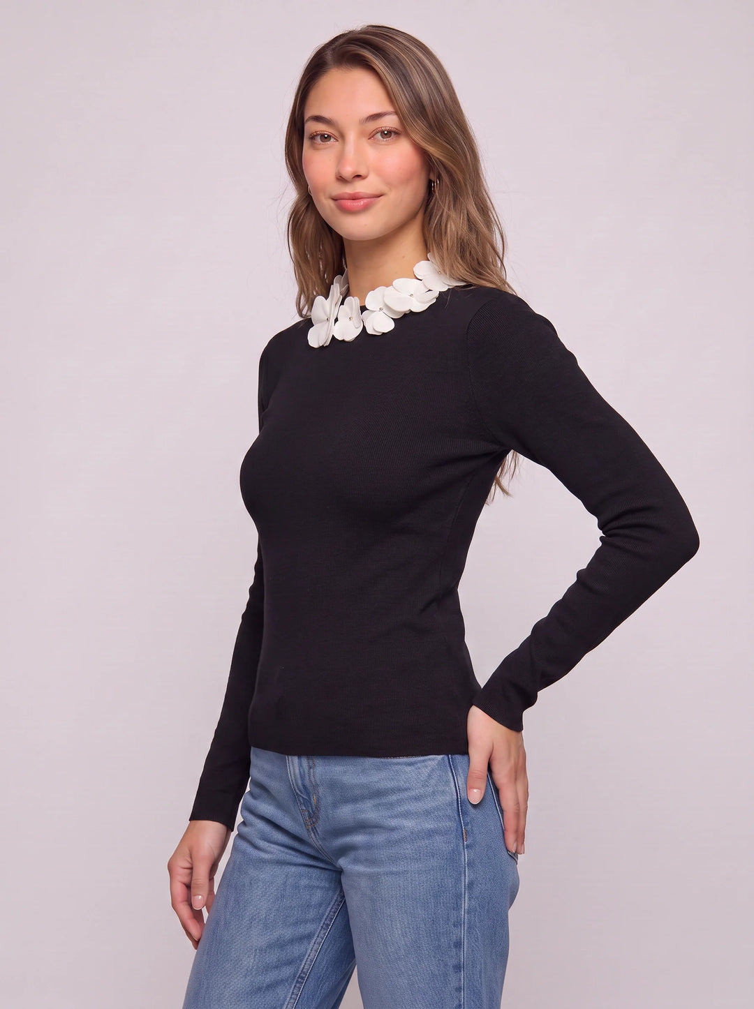Petala Floral Collar Knit Top – Long Sleeve Ribbed Sweater Women Winter Smart Casual Fitted Top