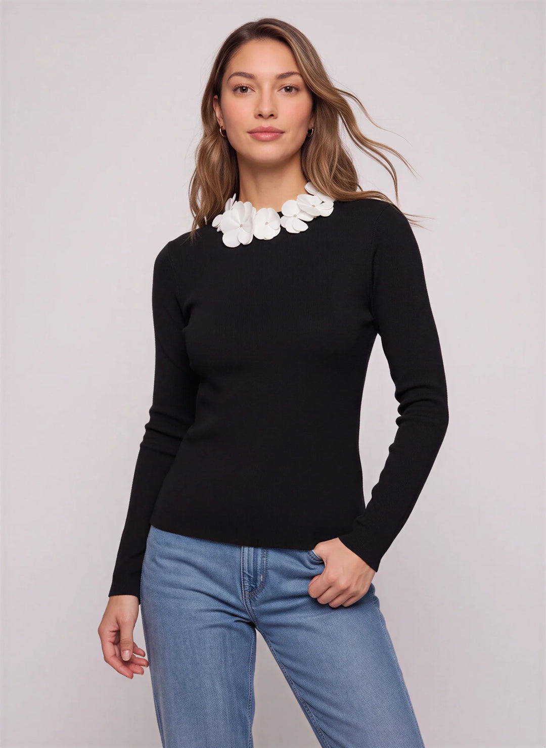 Petala Floral Collar Knit Top – Long Sleeve Ribbed Sweater Women Winter Smart Casual Fitted Top