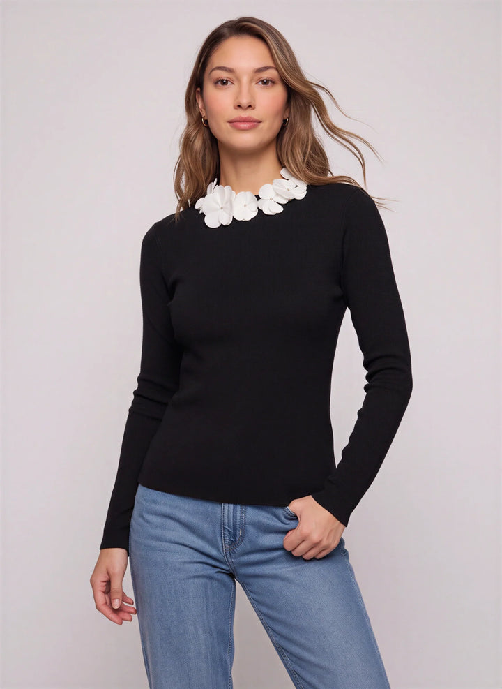 Petala Floral Collar Knit Top – Long Sleeve Ribbed Sweater Women Winter Smart Casual Fitted Top