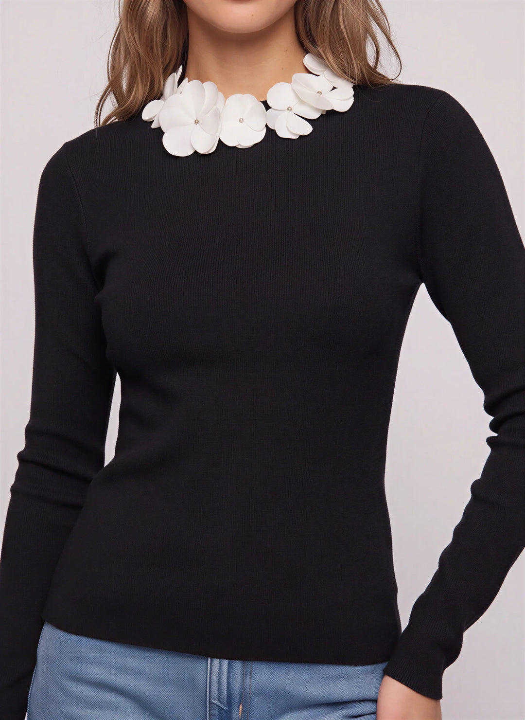 Petala Floral Collar Knit Top – Long Sleeve Ribbed Sweater Women Winter Smart Casual Fitted Top