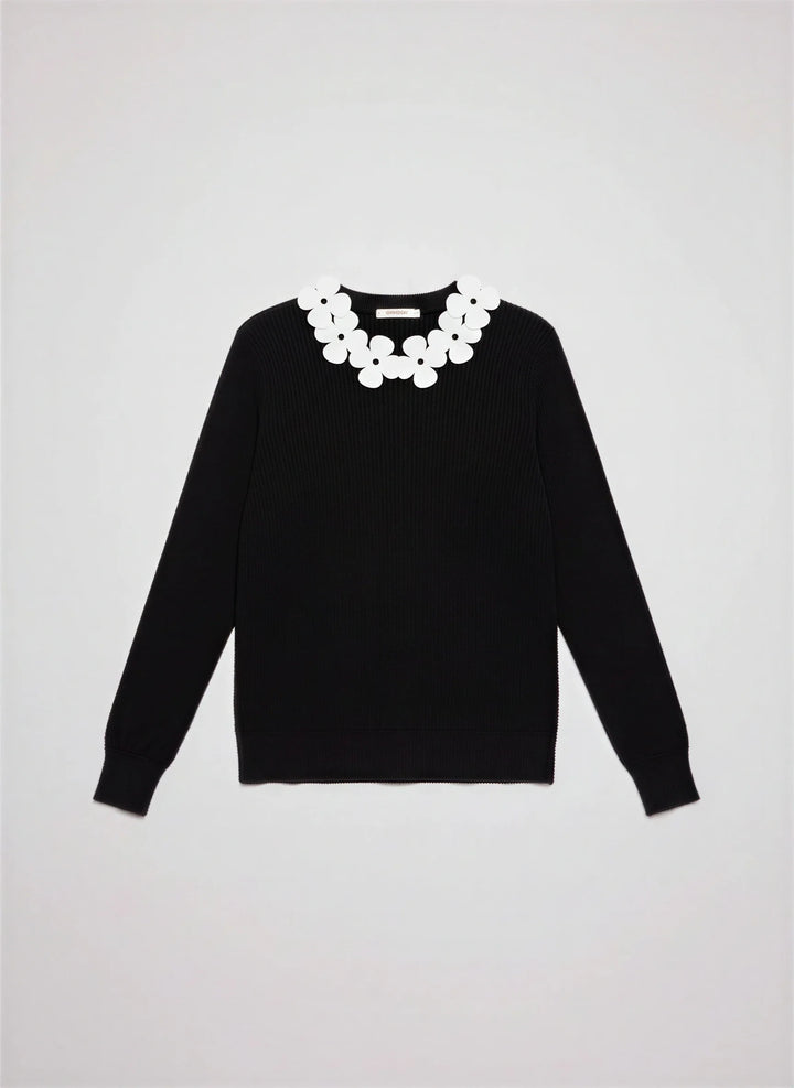Petala Floral Collar Knit Top – Long Sleeve Ribbed Sweater Women Winter Smart Casual Fitted Top