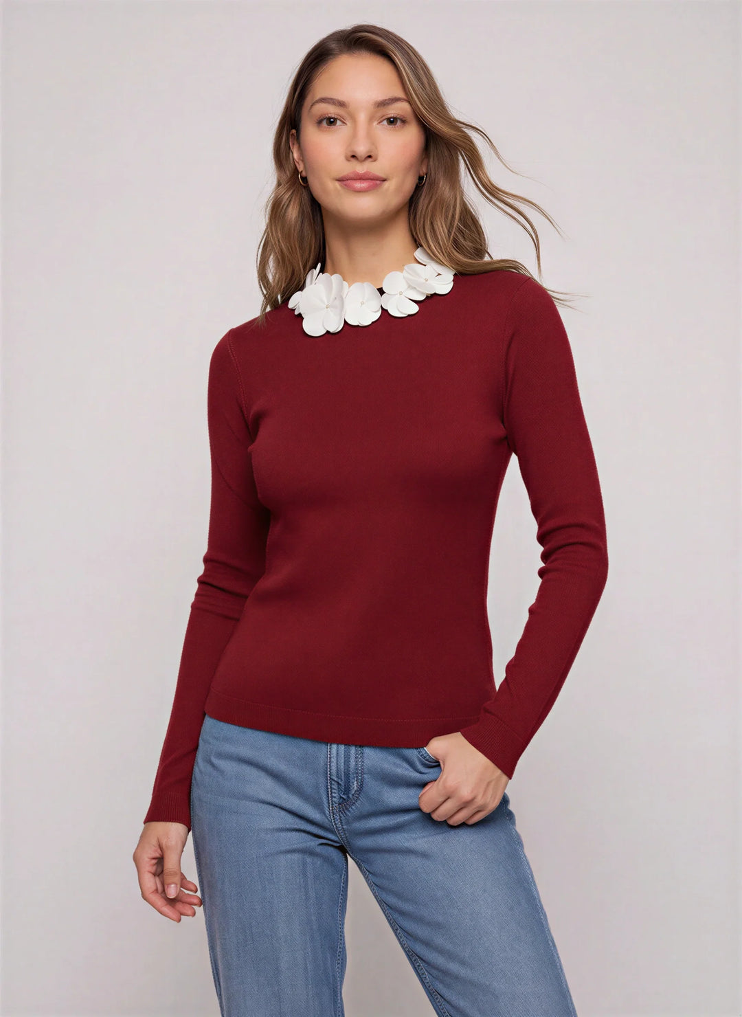 Petala Floral Collar Knit Top – Long Sleeve Ribbed Sweater Women Winter Smart Casual Fitted Top