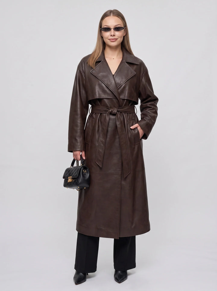 Cortenza Belted Trench Coat – Faux Leather Women Winter Oversized Longline Coat Belted Outerwear