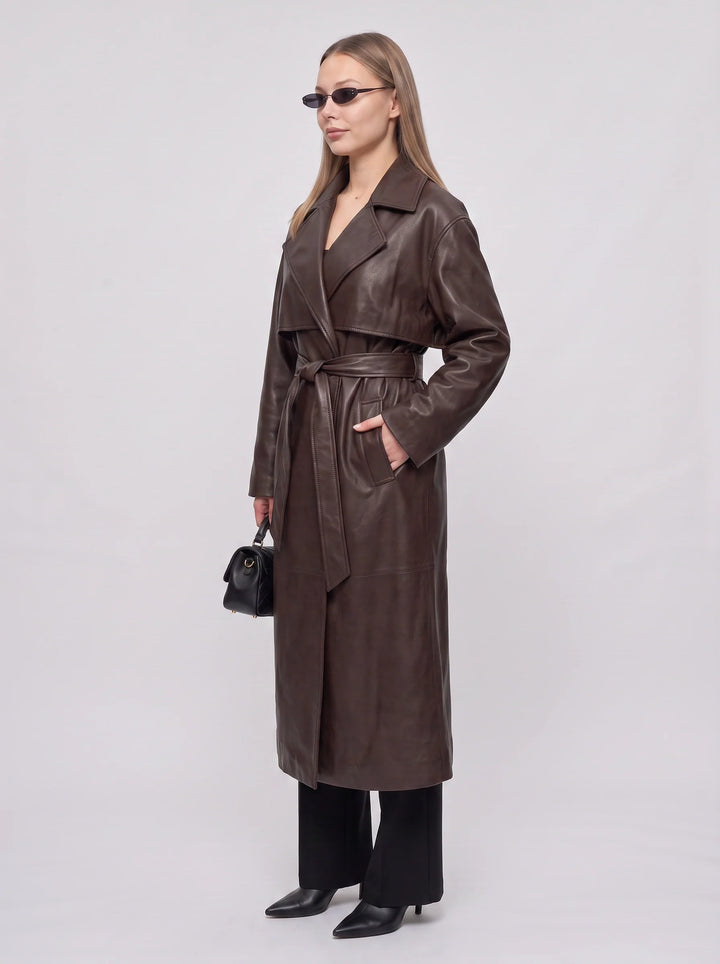 Cortenza Belted Trench Coat – Faux Leather Women Winter Oversized Longline Coat Belted Outerwear