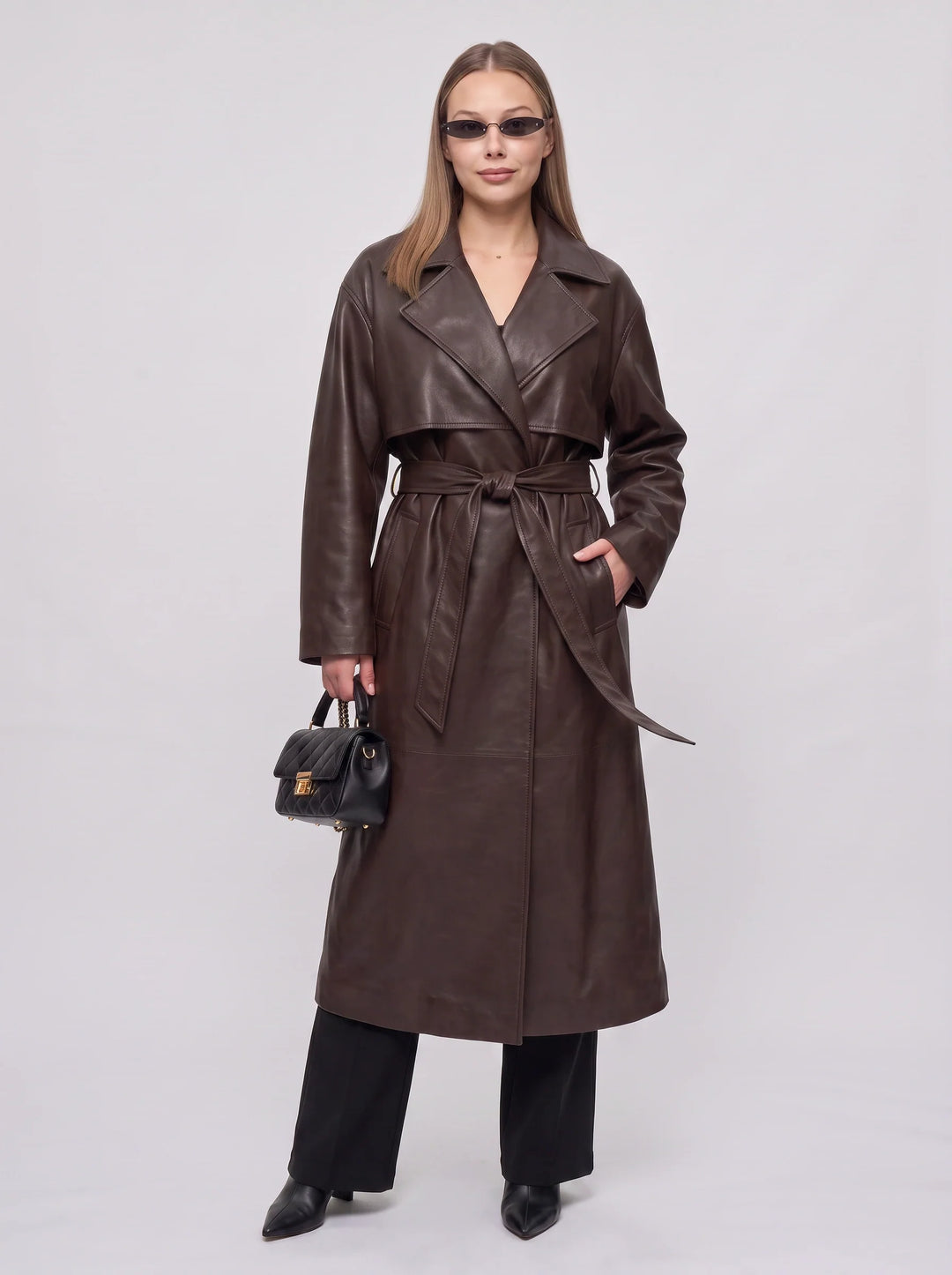 Cortenza Belted Trench Coat – Faux Leather Women Winter Oversized Longline Coat Belted Outerwear