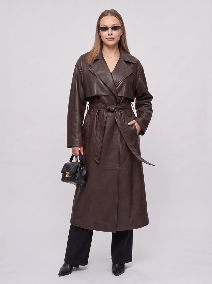 Cortenza Belted Trench Coat – Faux Leather Women Winter Oversized Longline Coat Belted Outerwear
