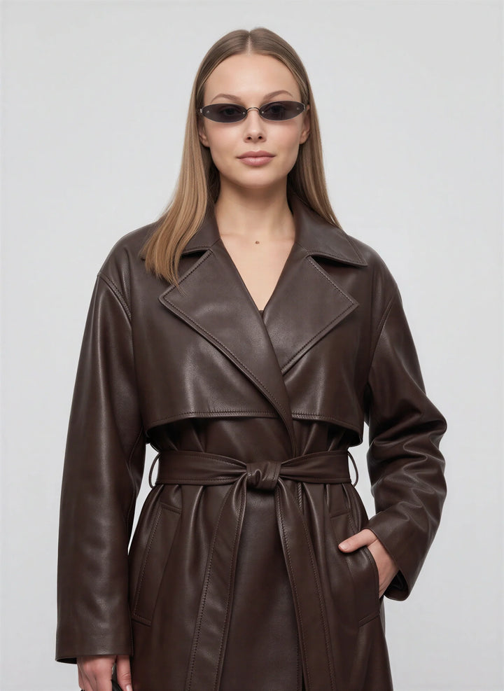 Cortenza Belted Trench Coat – Faux Leather Women Winter Oversized Longline Coat Belted Outerwear