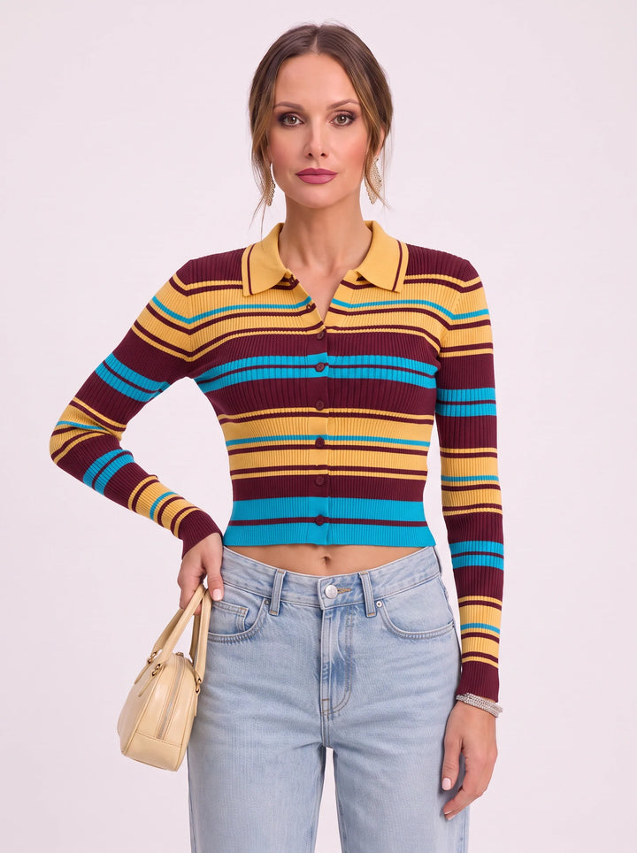 Brigario Striped Ribbed Polo Crop Top – Women Retro Button-Up Long Sleeve Knit Cardigan Sweater Casual