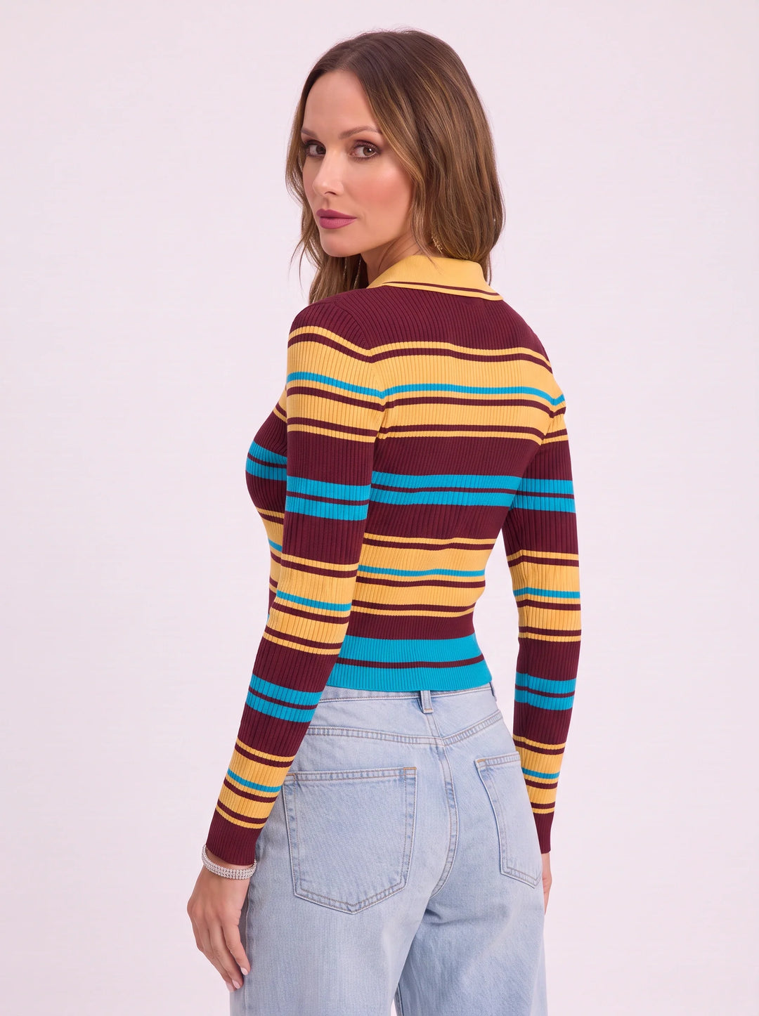 Brigario Striped Ribbed Polo Crop Top – Women Retro Button-Up Long Sleeve Knit Cardigan Sweater Casual