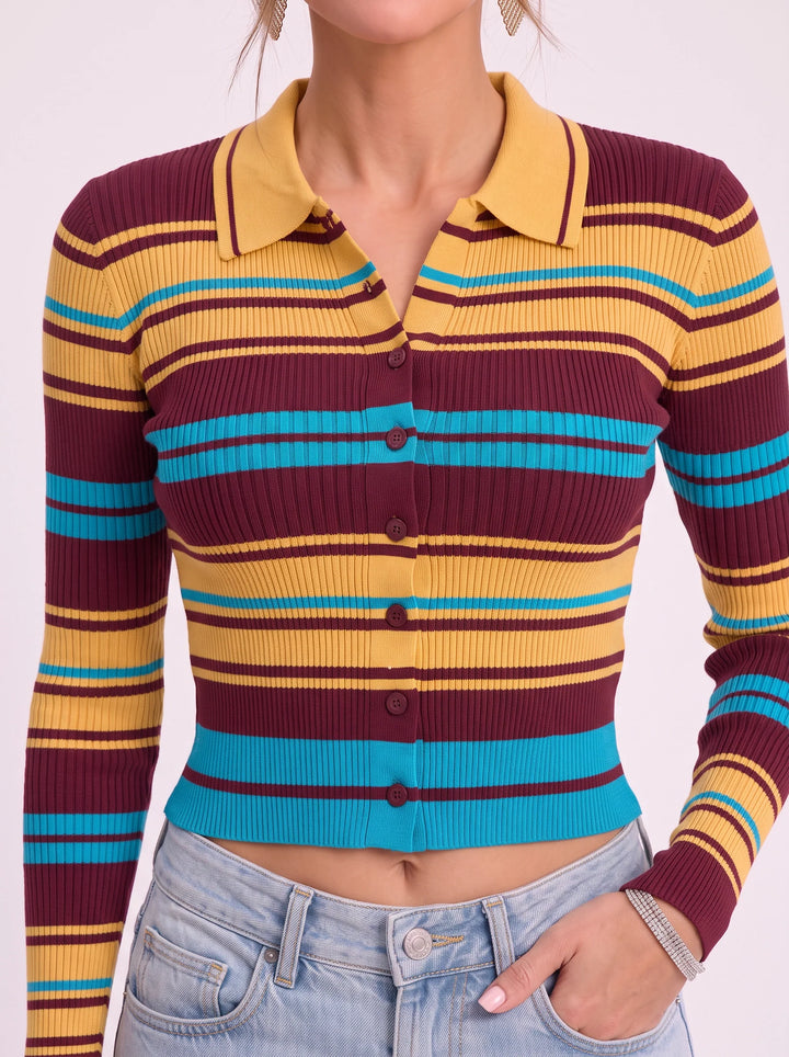 Brigario Striped Ribbed Polo Crop Top – Women Retro Button-Up Long Sleeve Knit Cardigan Sweater Casual