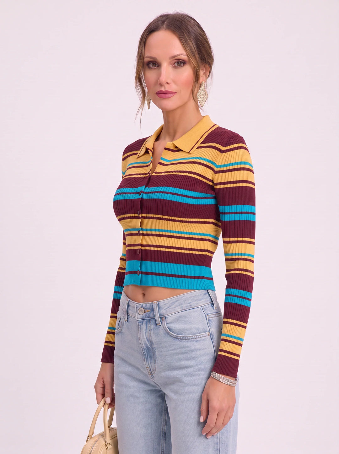 Brigario Striped Ribbed Polo Crop Top – Women Retro Button-Up Long Sleeve Knit Cardigan Sweater Casual
