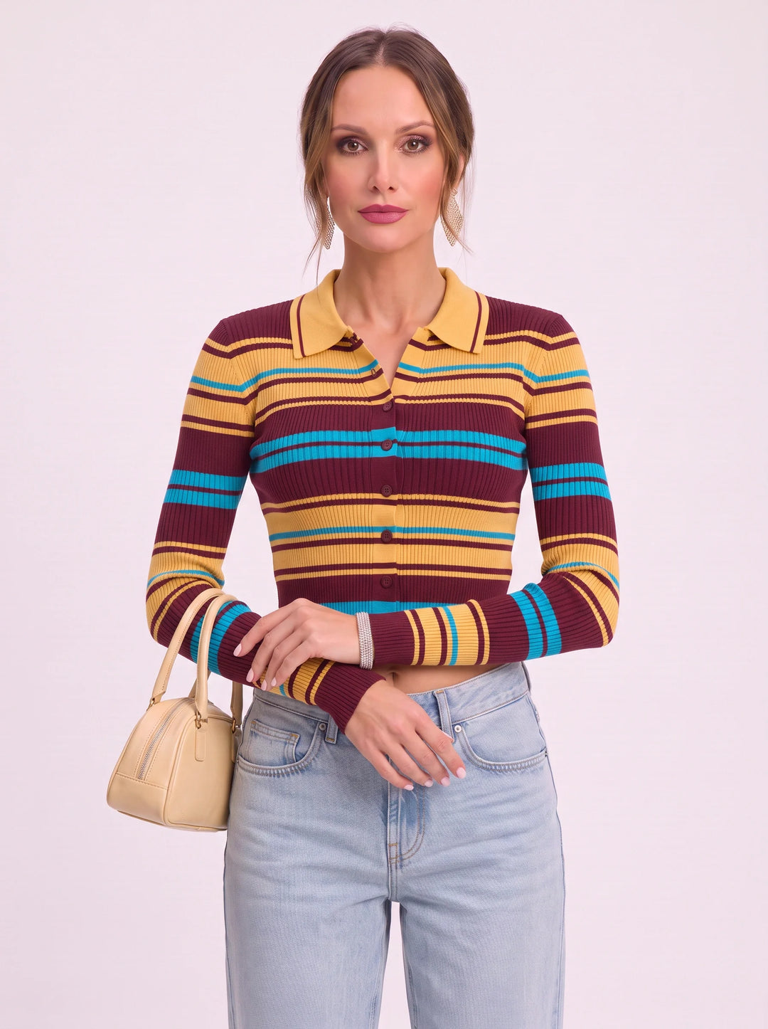 Brigario Striped Ribbed Polo Crop Top – Women Retro Button-Up Long Sleeve Knit Cardigan Sweater Casual