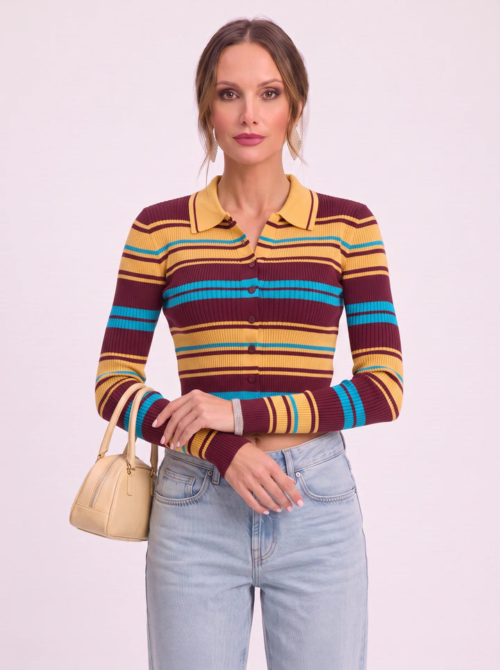 Brigario Striped Ribbed Polo Crop Top – Women Retro Button-Up Long Sleeve Knit Cardigan Sweater Casual