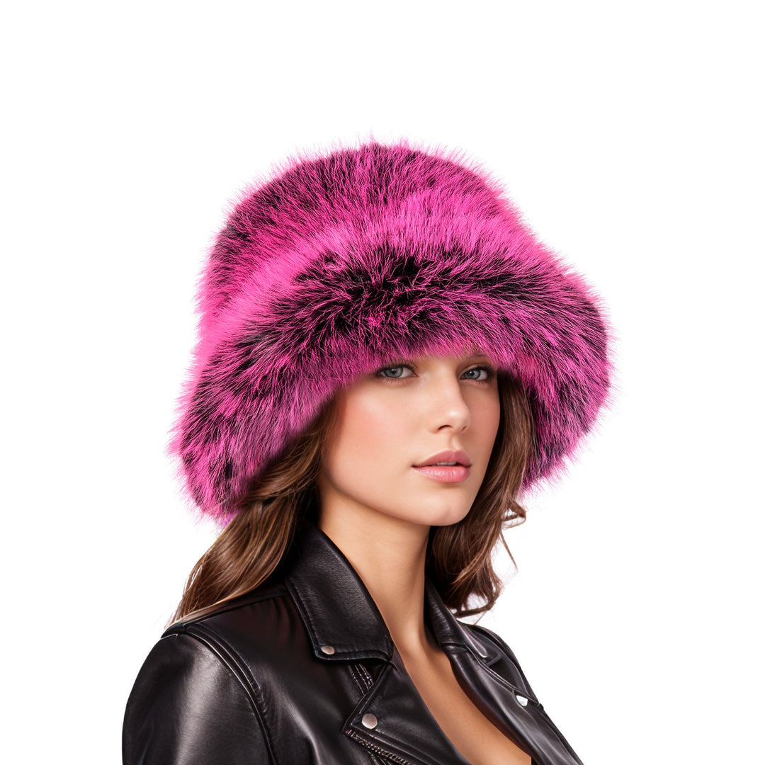 Pink & Black Two-Tone Faux Fur Bucket Hat