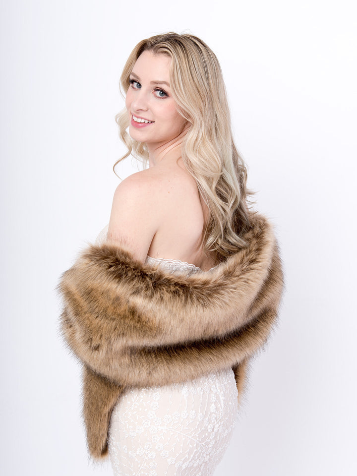 Women's Brown Faux Fur Wrap Dark Gray Tips Evening Stole