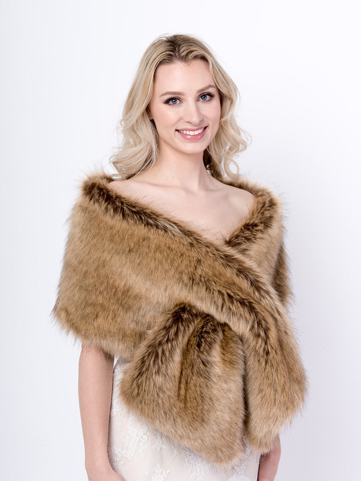 Women's Brown Faux Fur Wrap Dark Gray Tips Evening Stole
