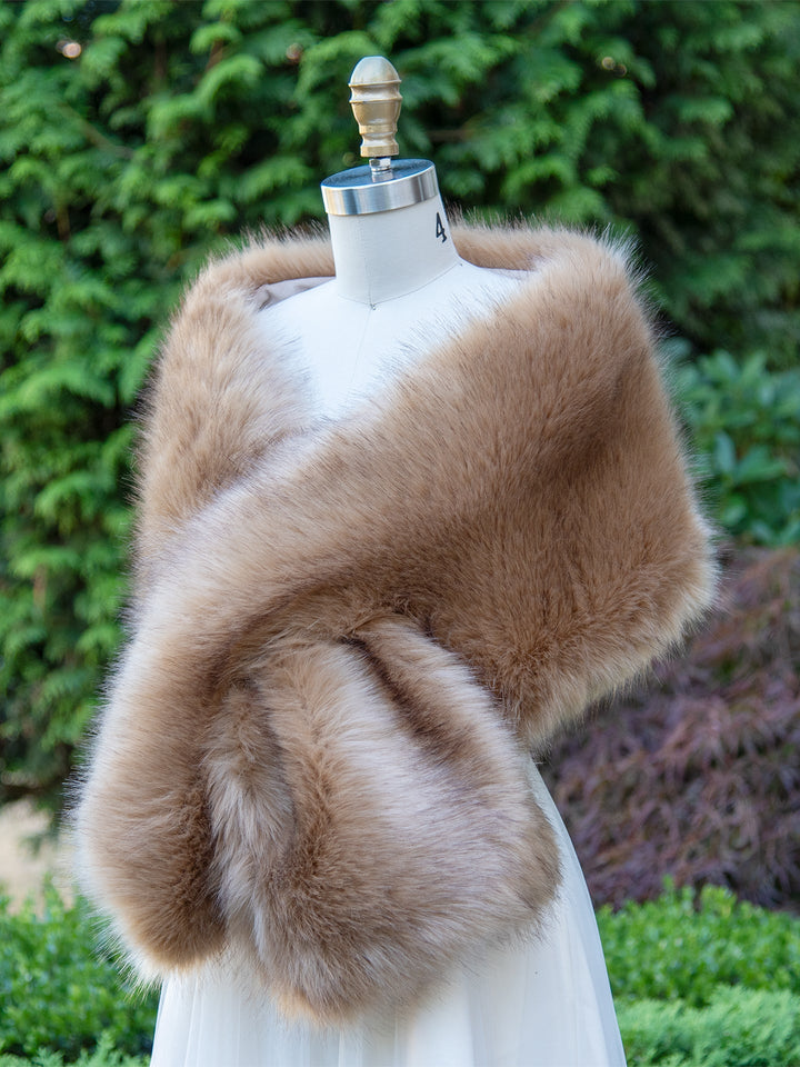 Women's Honey Brown Faux Fox Fur Wrap Evening Stole