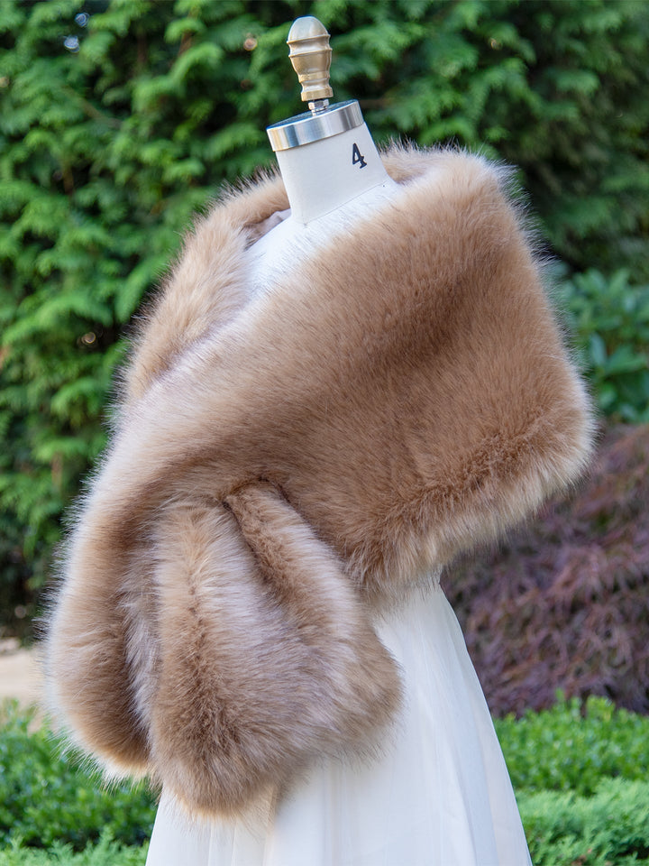 Women's Honey Brown Faux Fox Fur Wrap Evening Stole