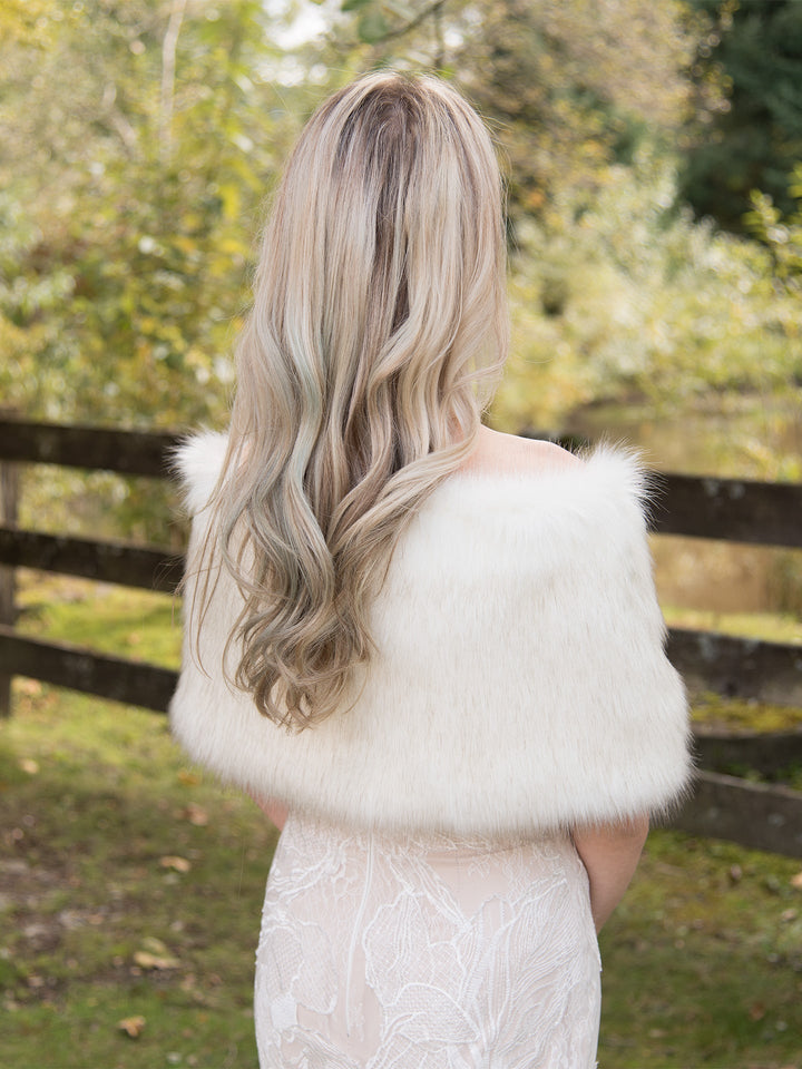 Ivory Faux Fur Wrap with Darker Tips - Elegant Bridal Shawl