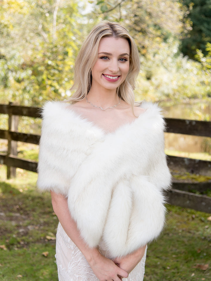 Ivory Faux Fur Wrap with Darker Tips - Elegant Bridal Shawl