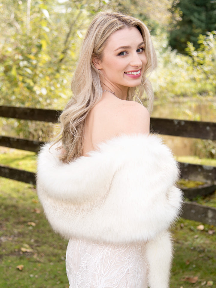 Ivory Faux Fur Wrap with Darker Tips - Elegant Bridal Shawl