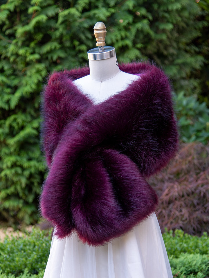 Women's Purple Plum Faux Fox Fur Wrap Evening Bridal Stole