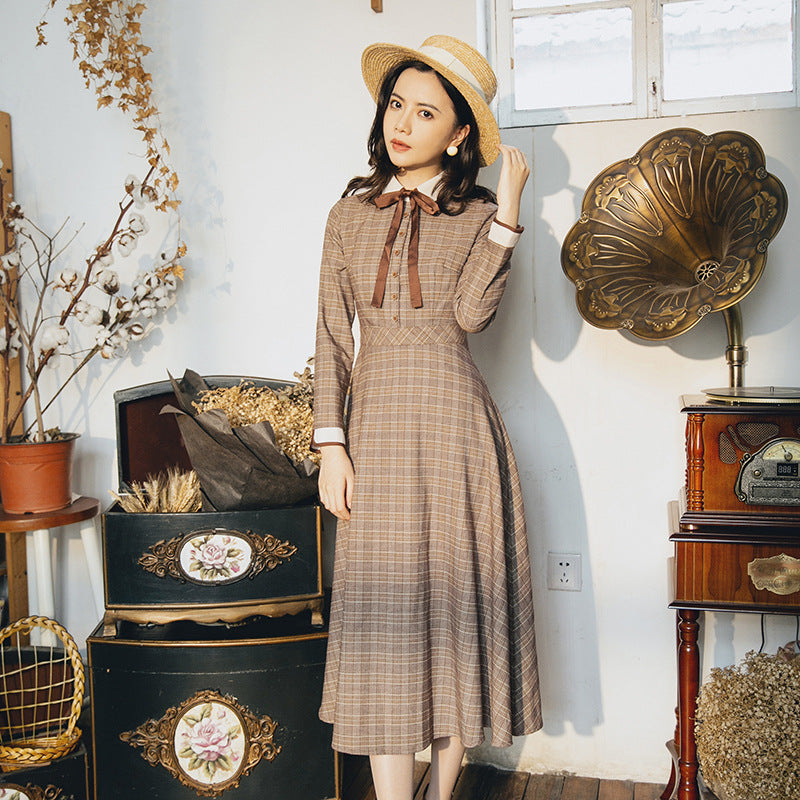 Women's Literary Retro Temperament Plaid Dress-HighTouch