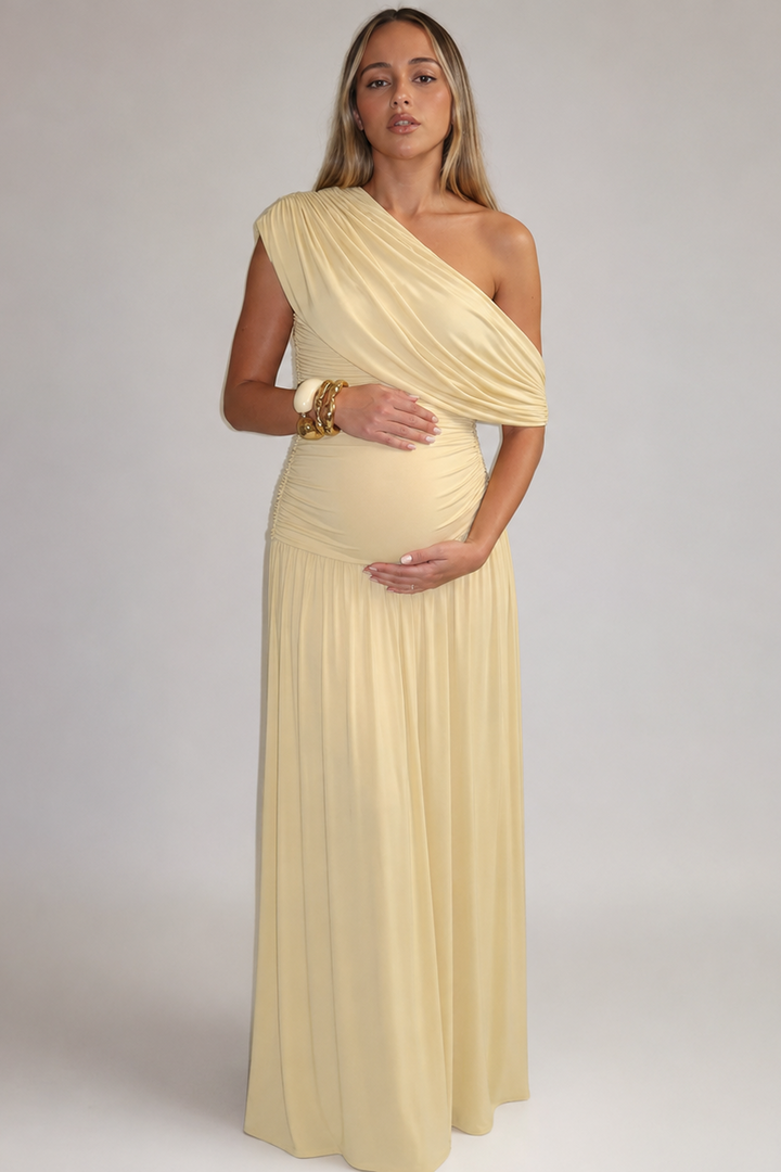 Maternity Maxi Dress – One Shoulder Soft Asymmetric Neckline Ruched Pregnancy Dress
