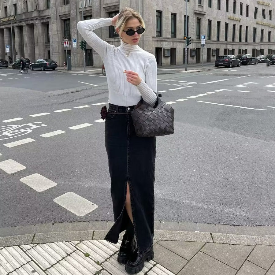 Women’s Front Slit Denim Maxi Skirt – Street Hipster Long Denim Skirt