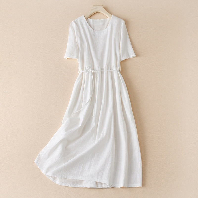 Women's Cotton & Linen Dress |Japanese Korean Casual A-Line Midi-HighTouch