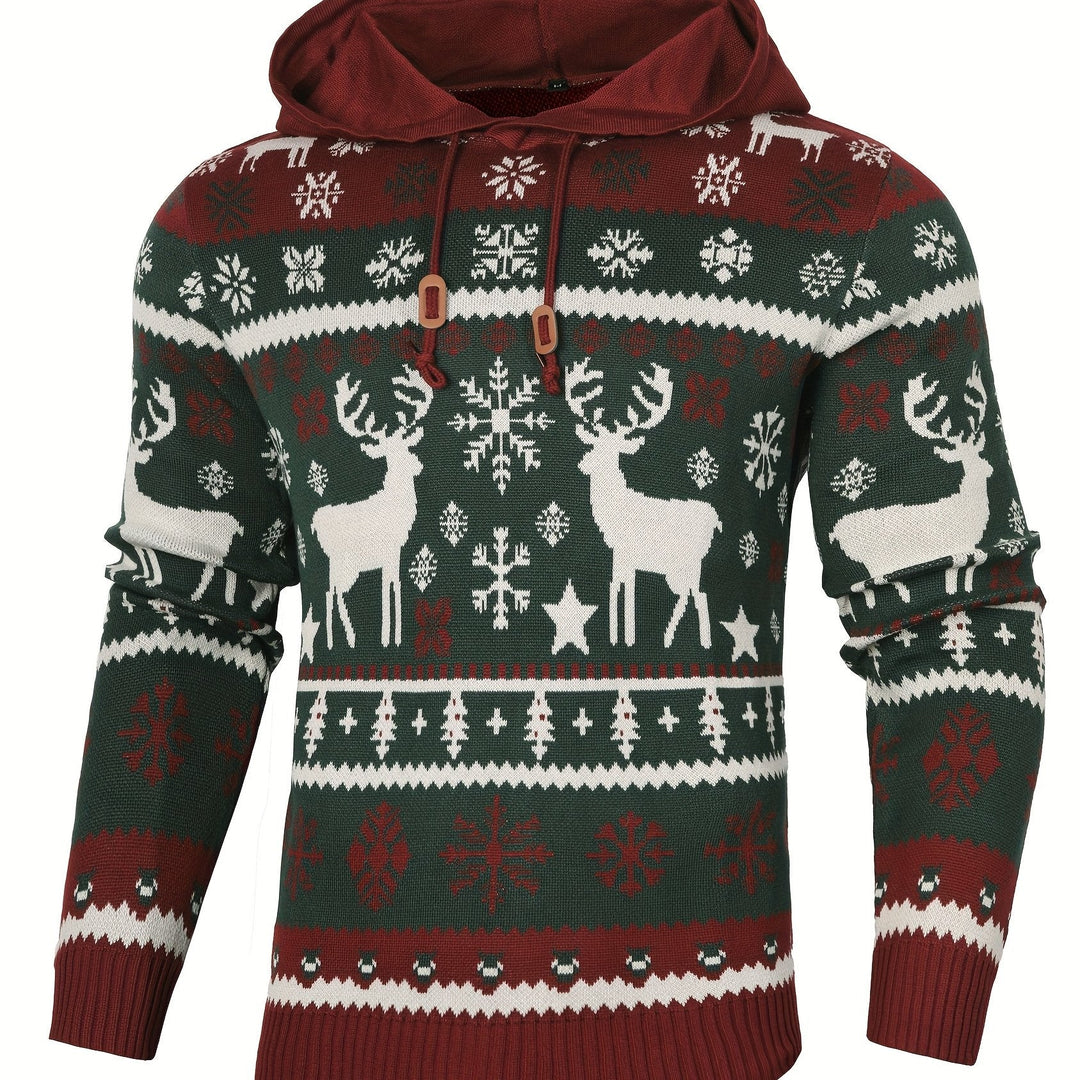Women's Hooded Christmas Sweater with Reindeer and Snowflake Pattern