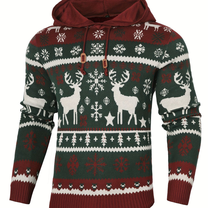 Women's Hooded Christmas Sweater with Reindeer and Snowflake Pattern