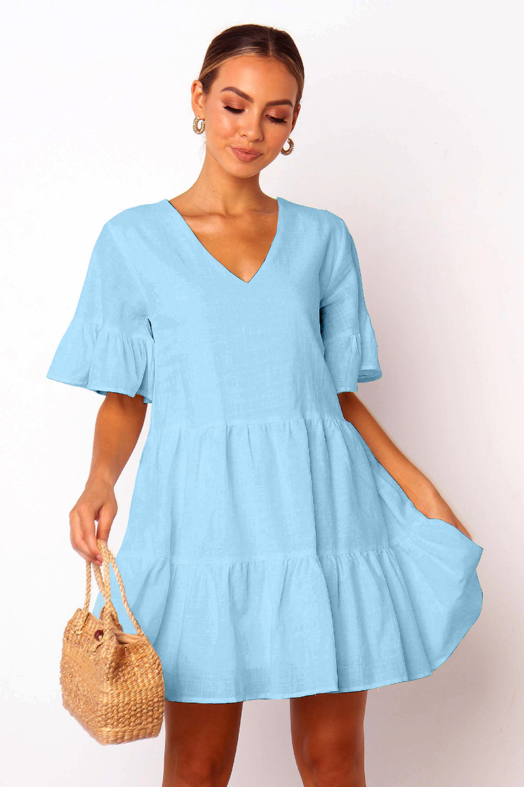 Pure Cotton Short-Sleeved Dress | V-Neck Large Swing Mini-HighTouch