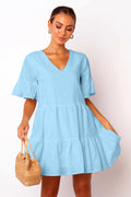 Pure Cotton Short-Sleeved Dress | V-Neck Large Swing Mini-HighTouch
